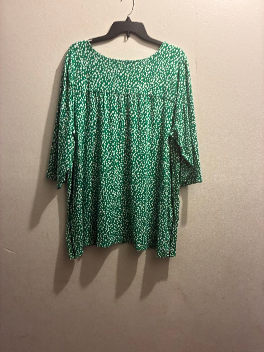 J. Jill Wearever Shirred A-Line Tunic Top Green White Polka Dot V-Neck Size L